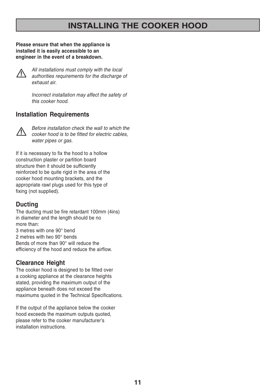 Installing the cooker hood | Zanussi ZHI 600 User Manual | Page 11 / 20