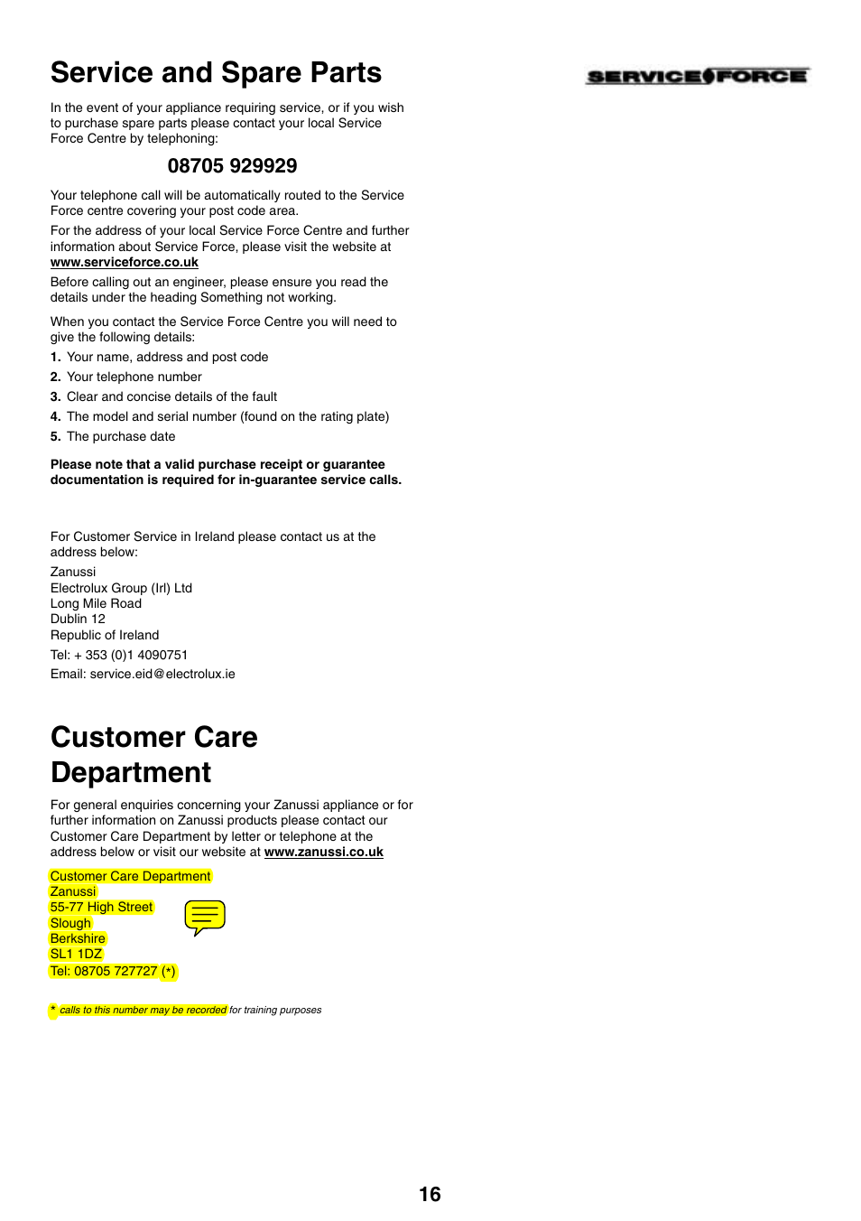 Customer care department, Service and spare parts | Zanussi ZHI 600 User Manual | Page 16 / 20