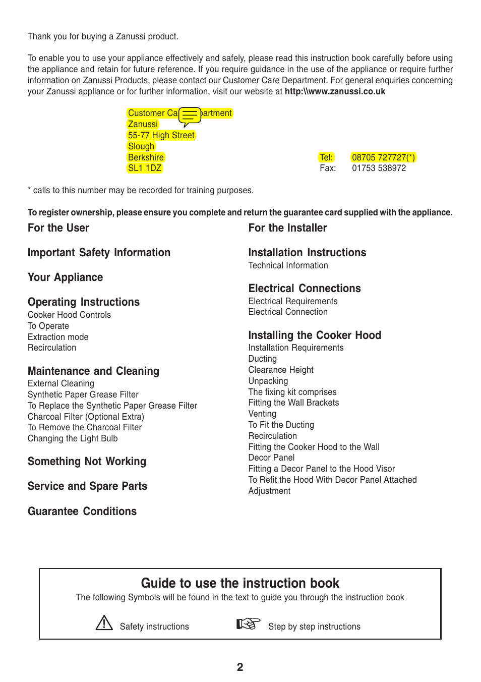 Guide to use the instruction book | Zanussi ZHI 600 User Manual | Page 2 / 20