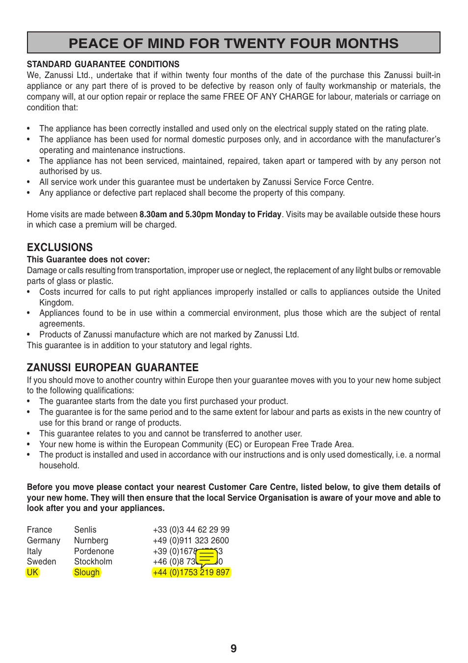 Peace of mind for twenty four months, Exclusions, Zanussi european guarantee | Zanussi ZHI 600 User Manual | Page 9 / 20