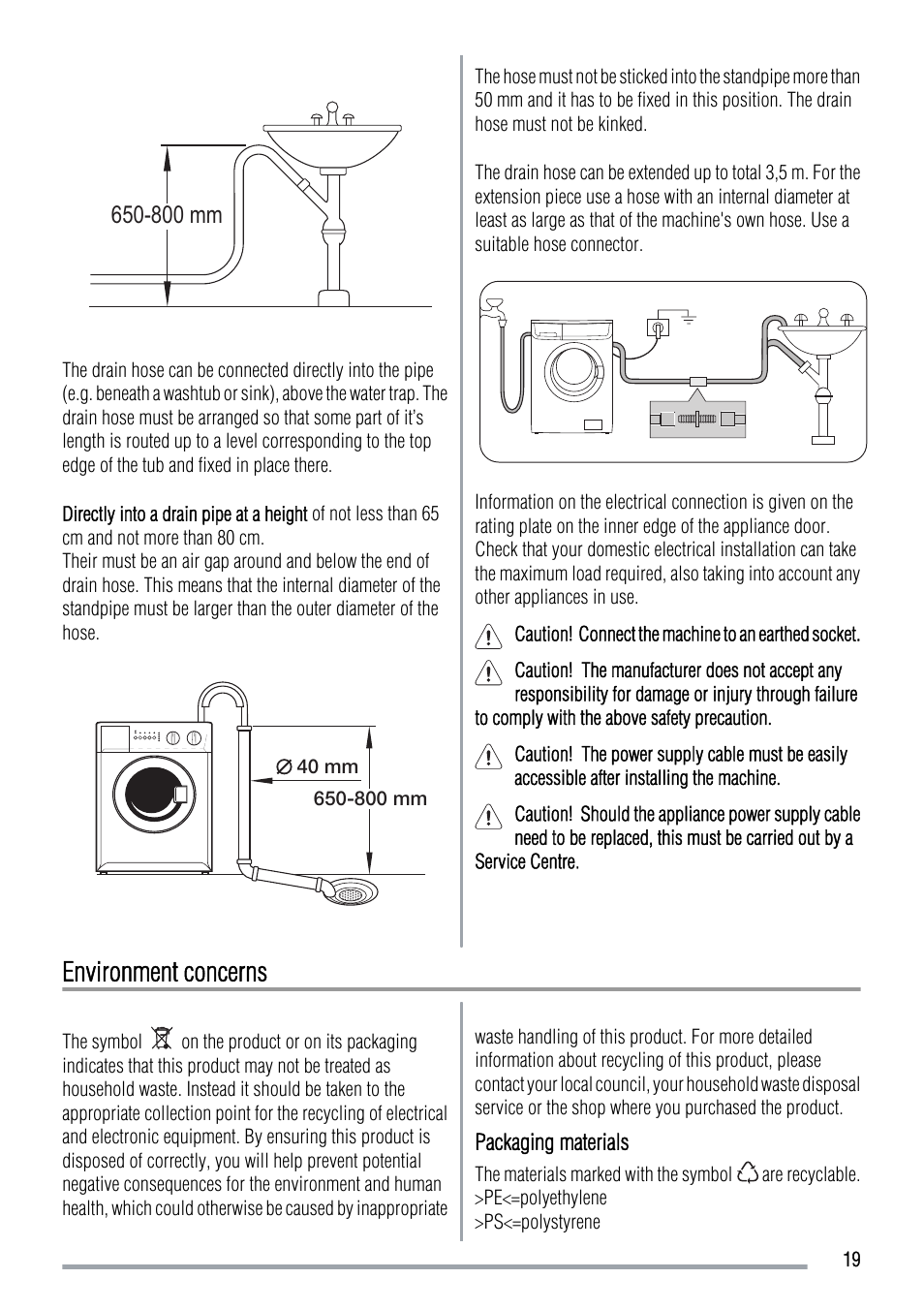 Environment concerns, 800 mm | Zanussi FCS 1020 C User Manual | Page 19 / 24