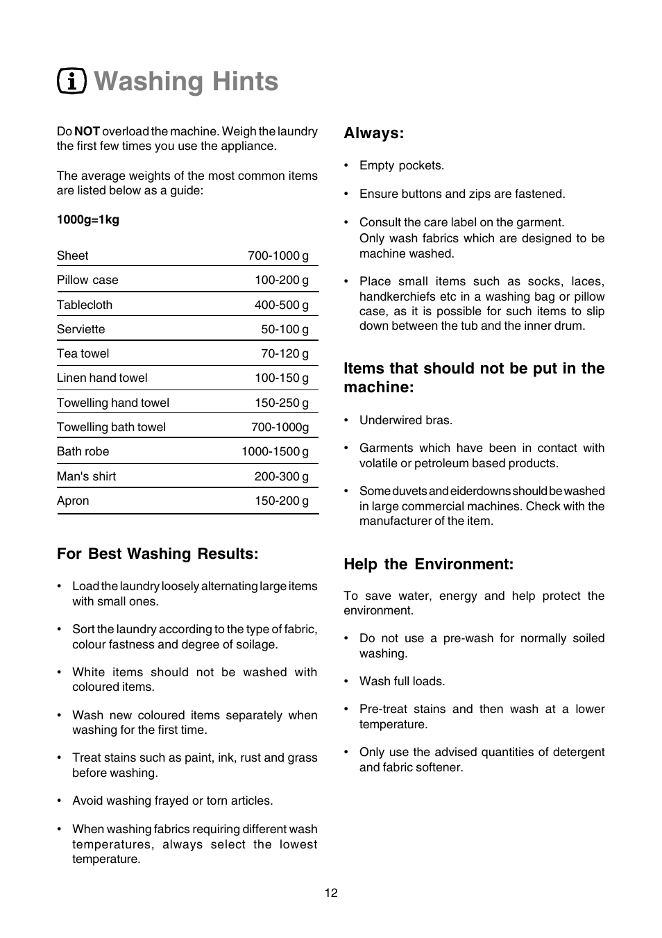 Washing hints, For best washing results, Always | Items that should not be put in the machine, Help the environment | Zanussi TLE 1116 W User Manual | Page 12 / 28