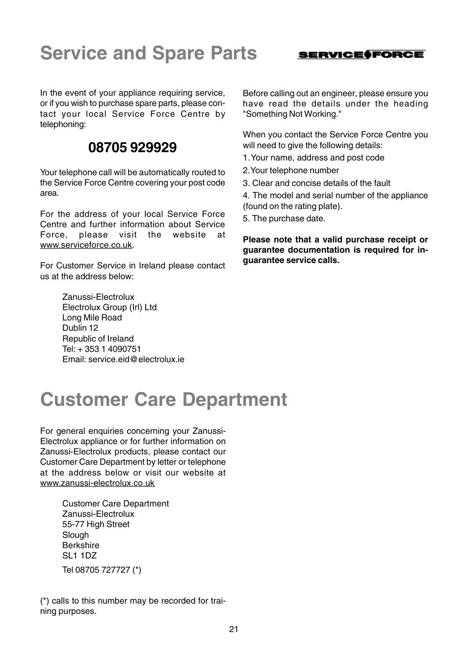 Service and spare parts, Customer care department | Zanussi TLE 1116 W User Manual | Page 21 / 28