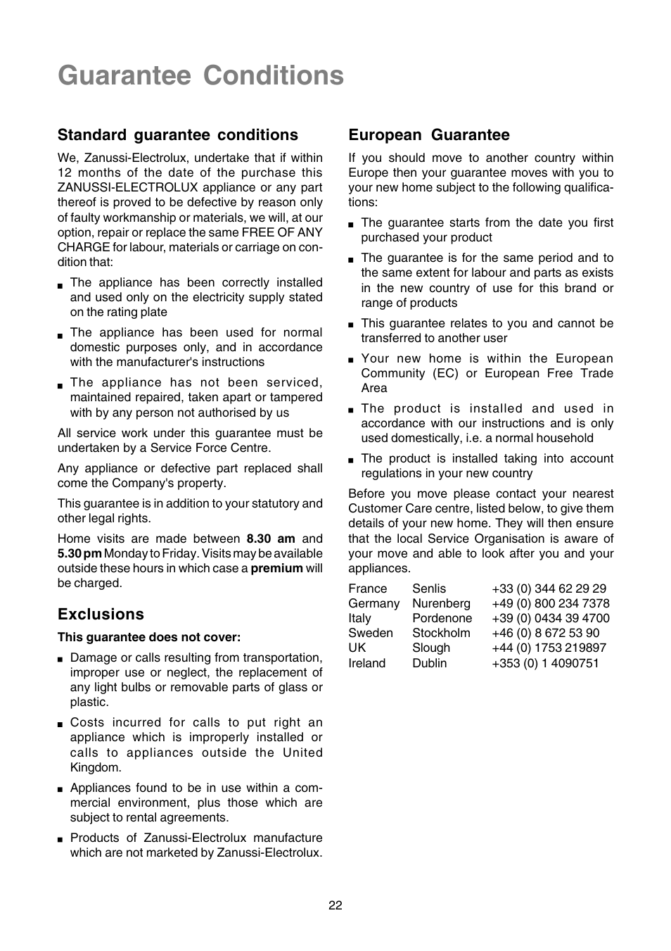 Guarantee conditions, Standard guarantee conditions, Exclusions | European guarantee | Zanussi TLE 1116 W User Manual | Page 22 / 28