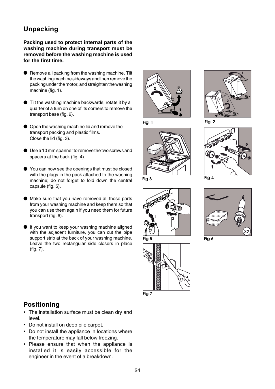Unpacking, Positioning | Zanussi TLE 1116 W User Manual | Page 24 / 28
