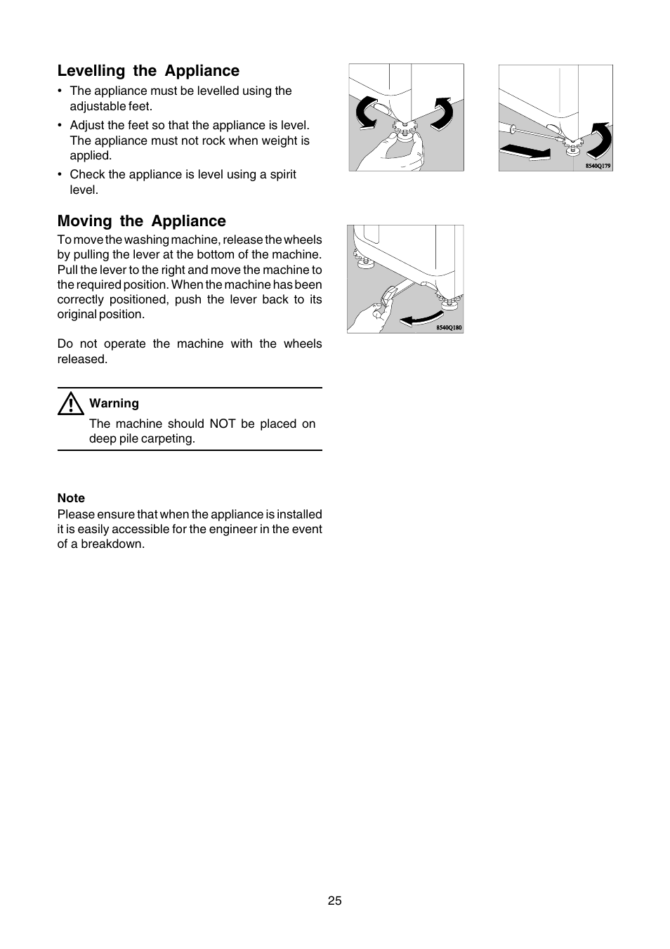 Levelling the appliance, Moving the appliance | Zanussi TLE 1116 W User Manual | Page 25 / 28
