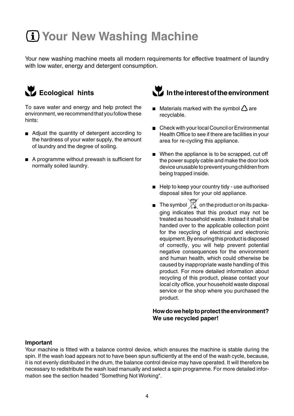 Your new washing machine | Zanussi TLE 1116 W User Manual | Page 4 / 28