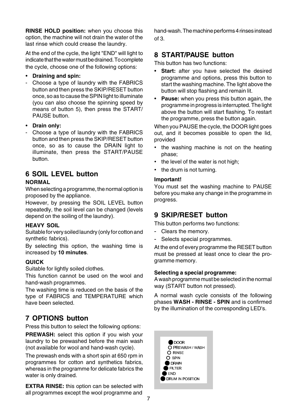 6 soil level button, 7 options button, 8 start/pause button | 9 skip/reset button | Zanussi TLE 1116 W User Manual | Page 7 / 28