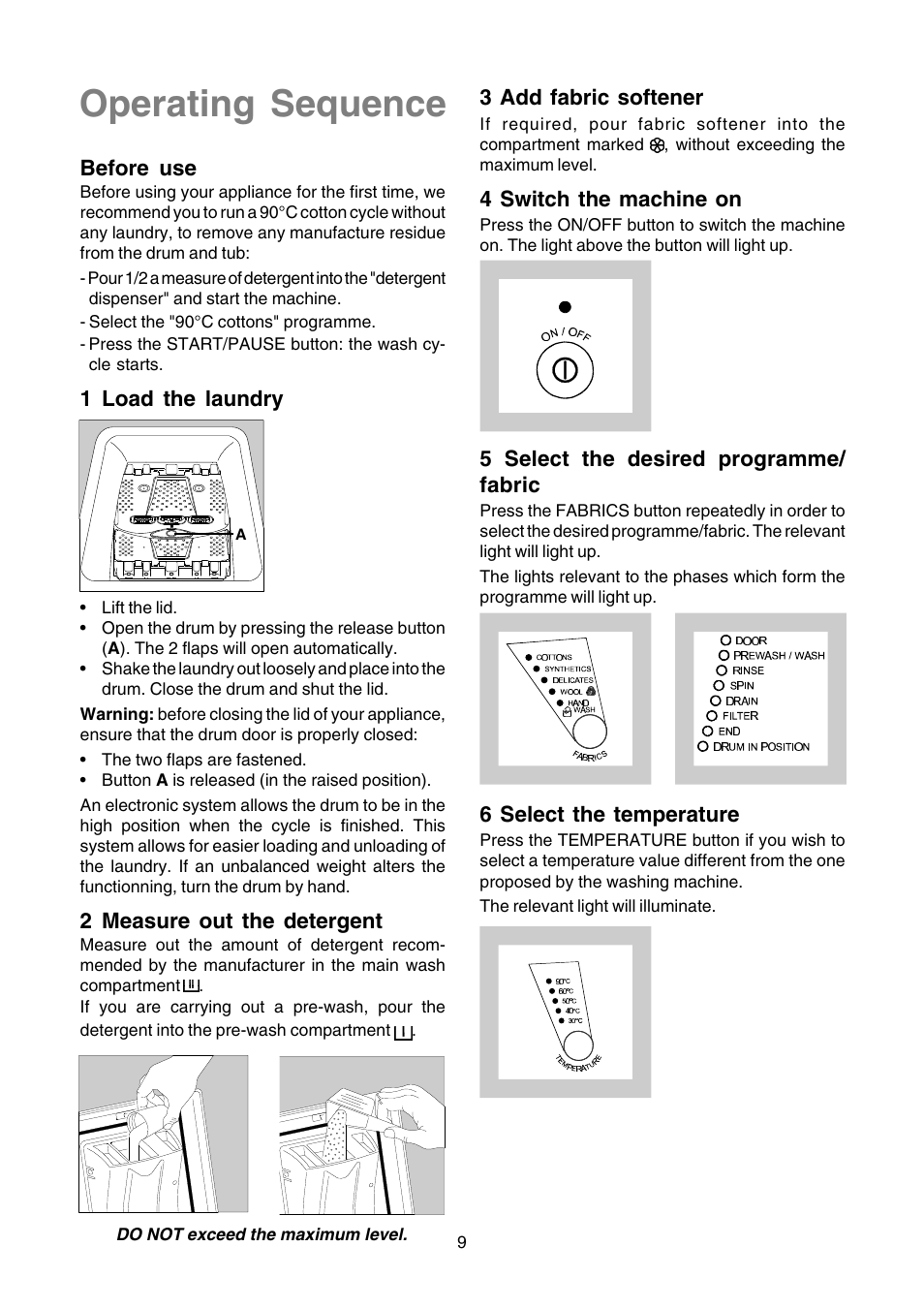 Operating sequence, Before use, 1 load the laundry | 2 measure out the detergent, 3 add fabric softener, 4 switch the machine on, 5 select the desired programme/ fabric, 6 select the temperature | Zanussi TLE 1116 W User Manual | Page 9 / 28