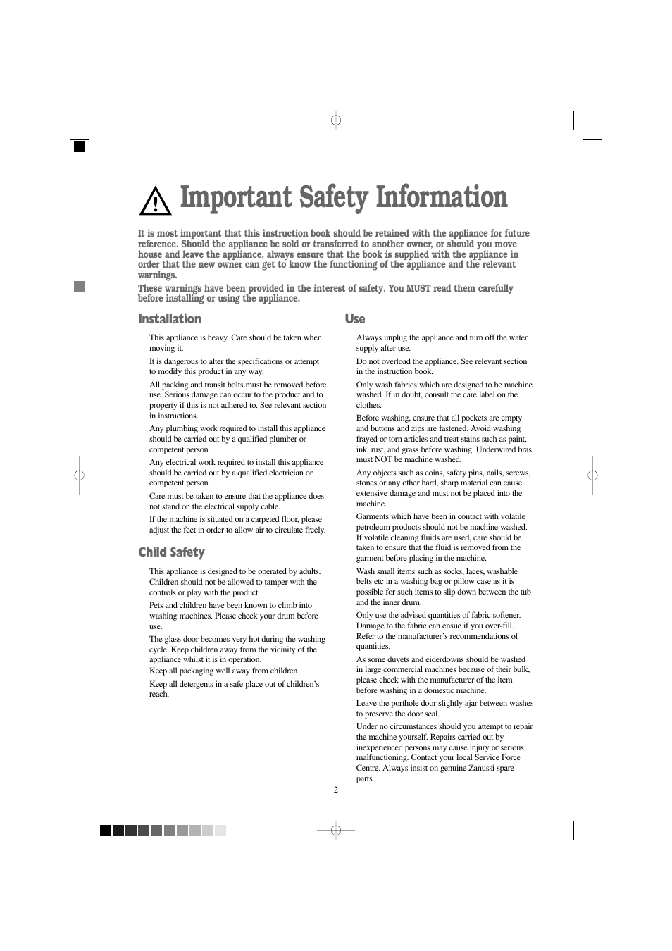 Important safety information, Installation, Child safety | Zanussi F1245 W User Manual | Page 2 / 26
