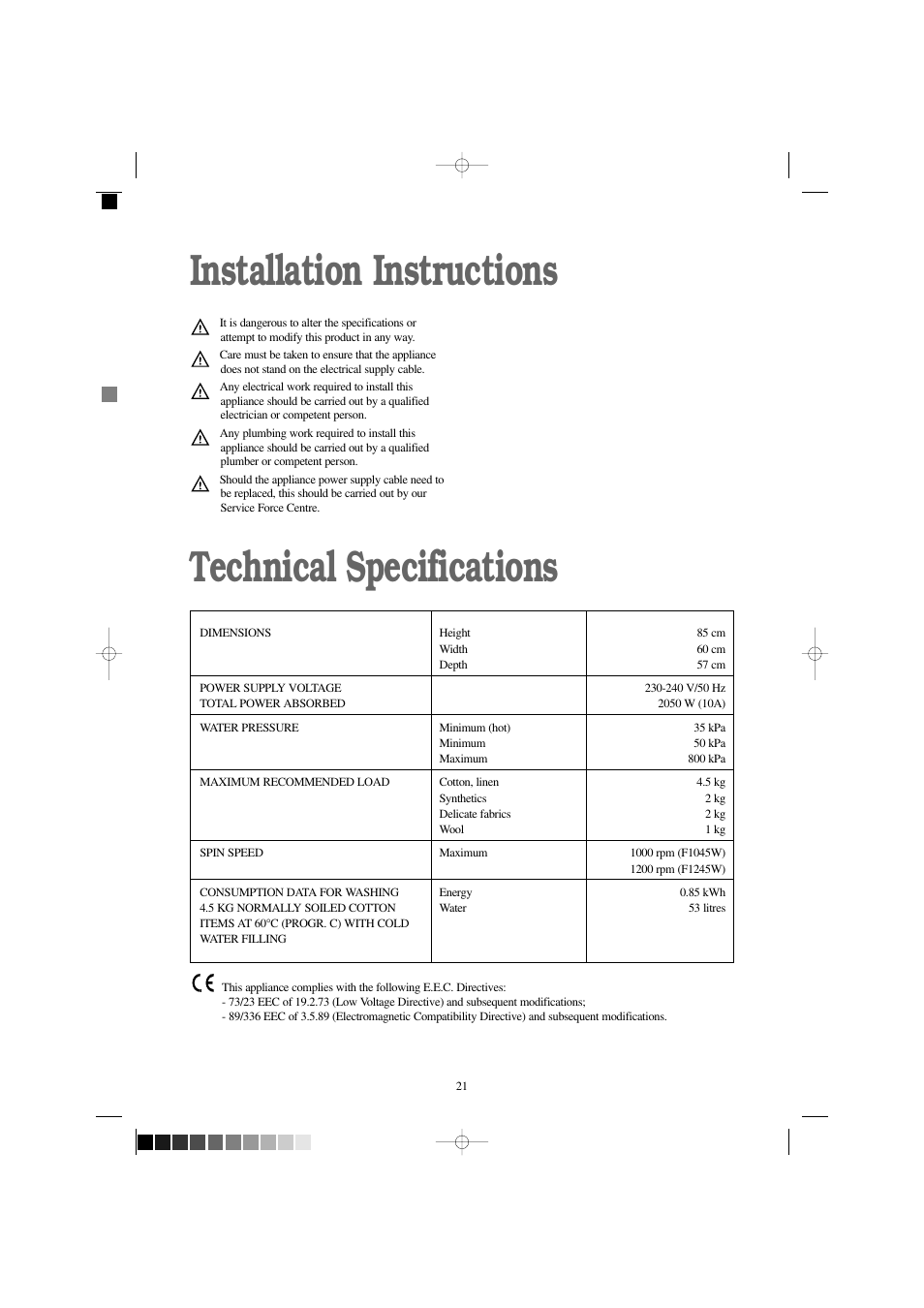 Installation instructions technical specifications | Zanussi F1245 W User Manual | Page 21 / 26