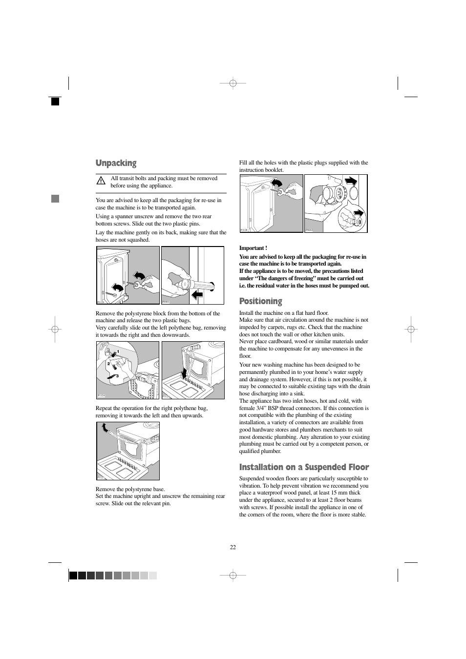 Unpacking, Positioning, Installation on a suspended floor | Zanussi F1245 W User Manual | Page 22 / 26
