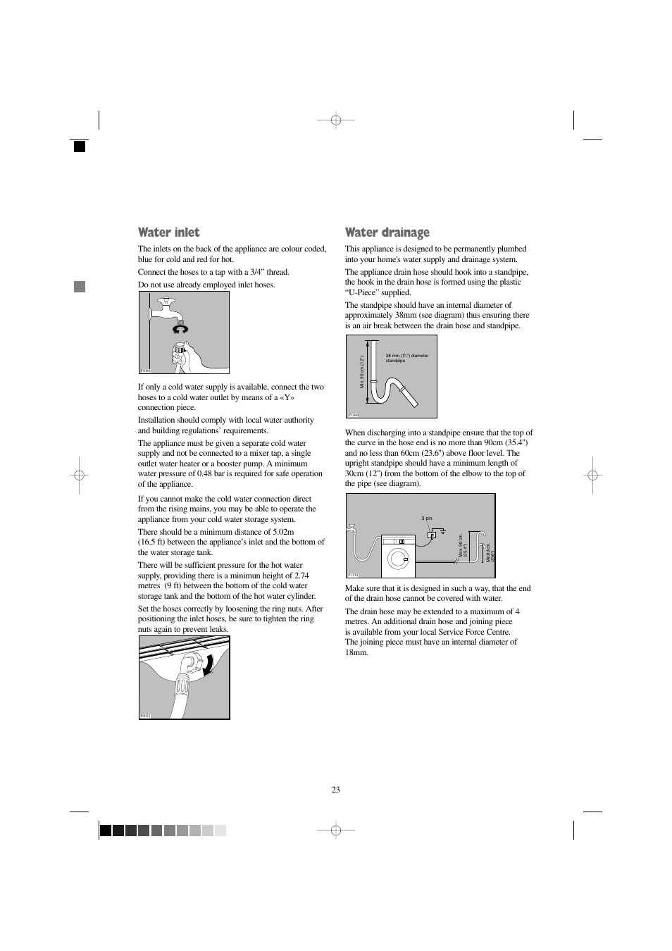 Water inlet, Water drainage | Zanussi F1245 W User Manual | Page 23 / 26