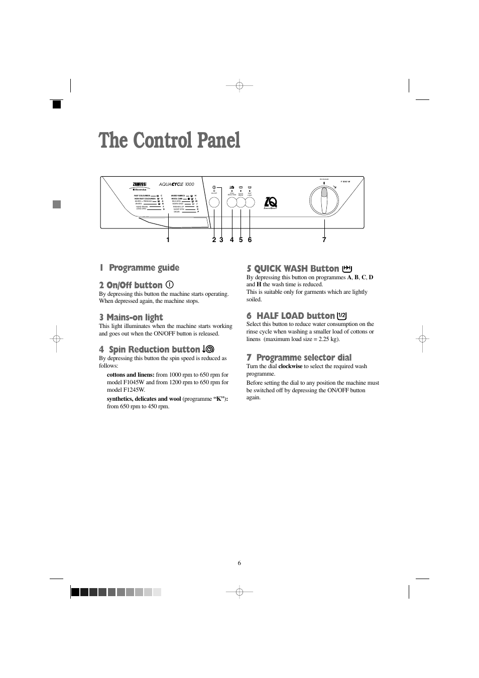 The control panel, 1 programme guide 2 on/off button, 3 mains-on light | 4 spin reduction button, 5 quick wash button, 6 half load button, 7 programme selector dial | Zanussi F1245 W User Manual | Page 6 / 26