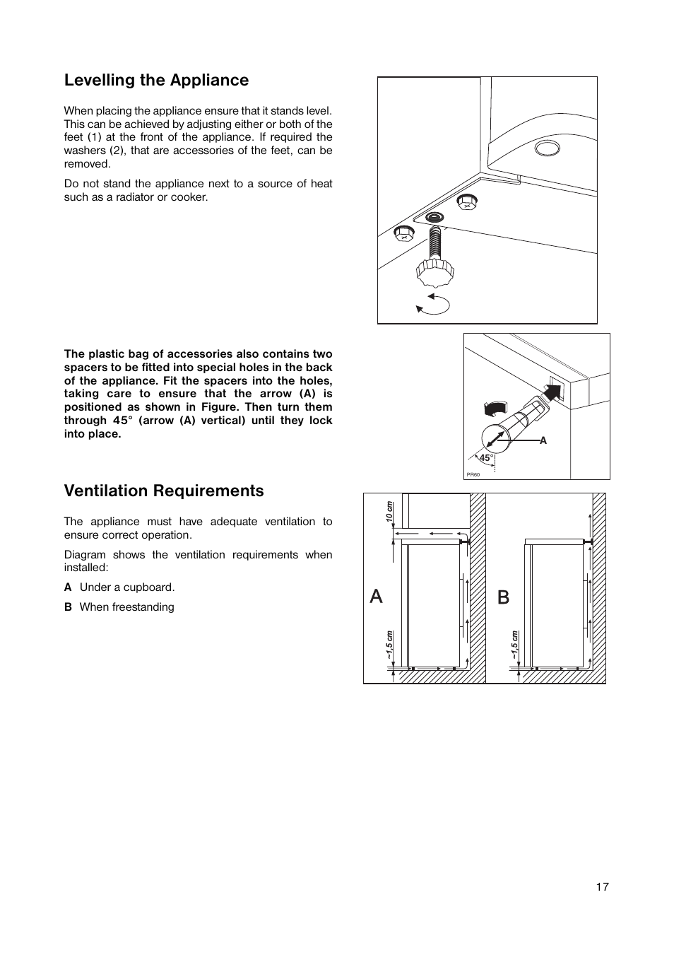 Levelling the appliance, Ventilation requirements | Zanussi ZRD 183 W User Manual | Page 17 / 20