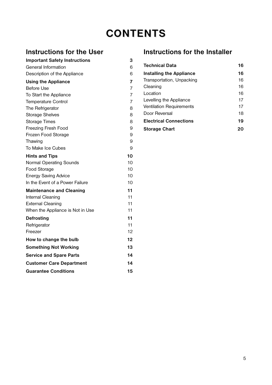 Content ontent s s, Instructions for the user, Instructions for the installer | Zanussi ZRD 183 W User Manual | Page 5 / 20