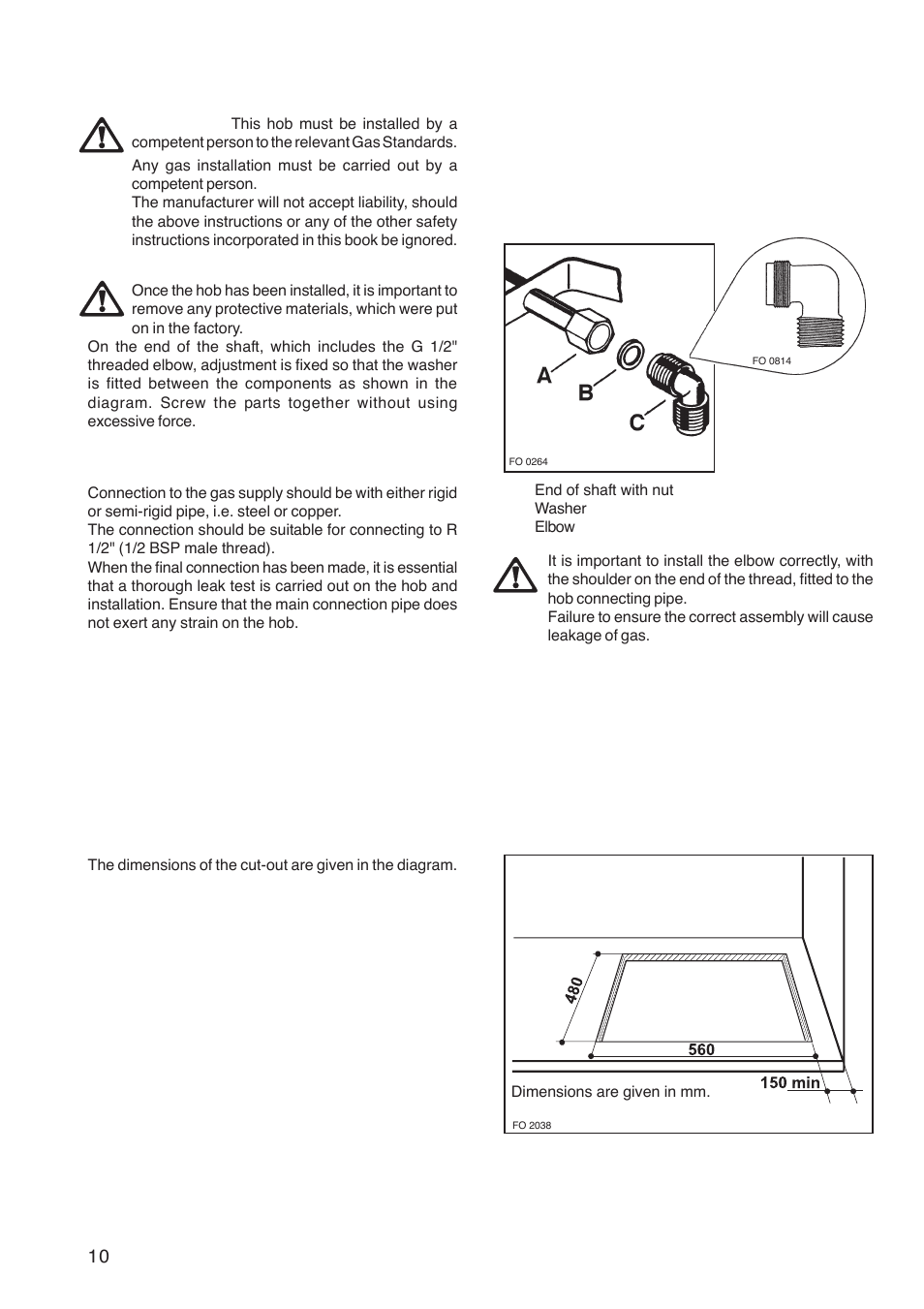 Installation, Gas connection, Cut out size | Zanussi ZGF 782 CTN User Manual | Page 10 / 20
