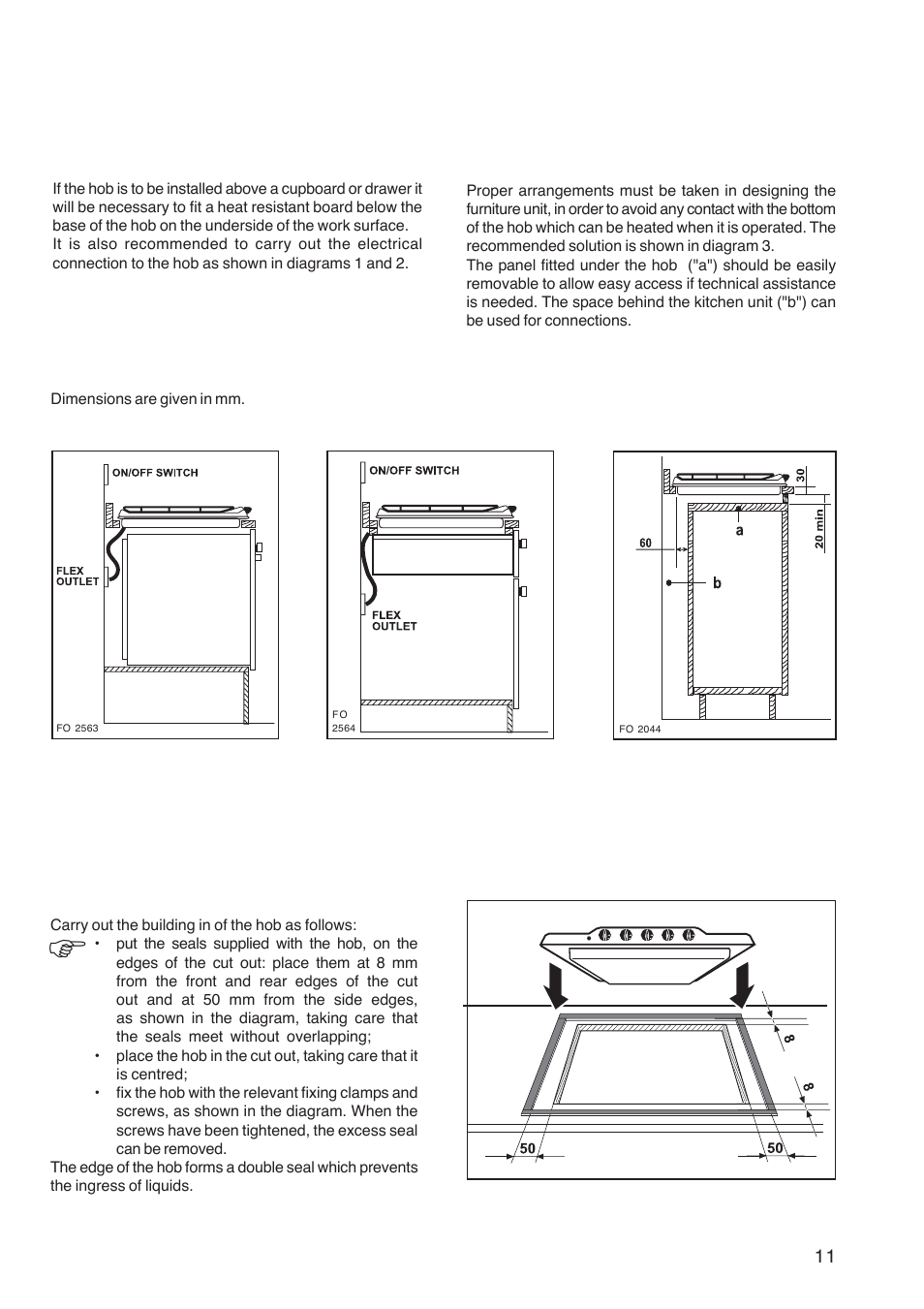 Building in, Building over a cupboard or drawer, Building over a kitchen unit with door | Fitting the hob into the worktop | Zanussi ZGF 782 CTN User Manual | Page 11 / 20