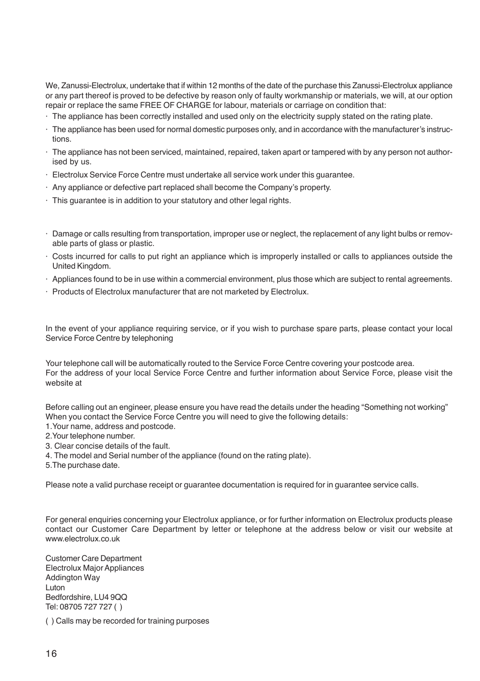 Guarantee/customer service, Service and spare parts, Customer care | Zanussi ZGF 782 CTN User Manual | Page 16 / 20