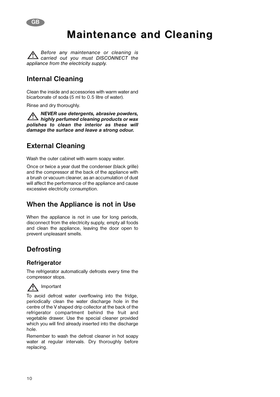 Maint, Maint enance and cleaning enance and cleaning | Zanussi ZNB 343 W User Manual | Page 10 / 20