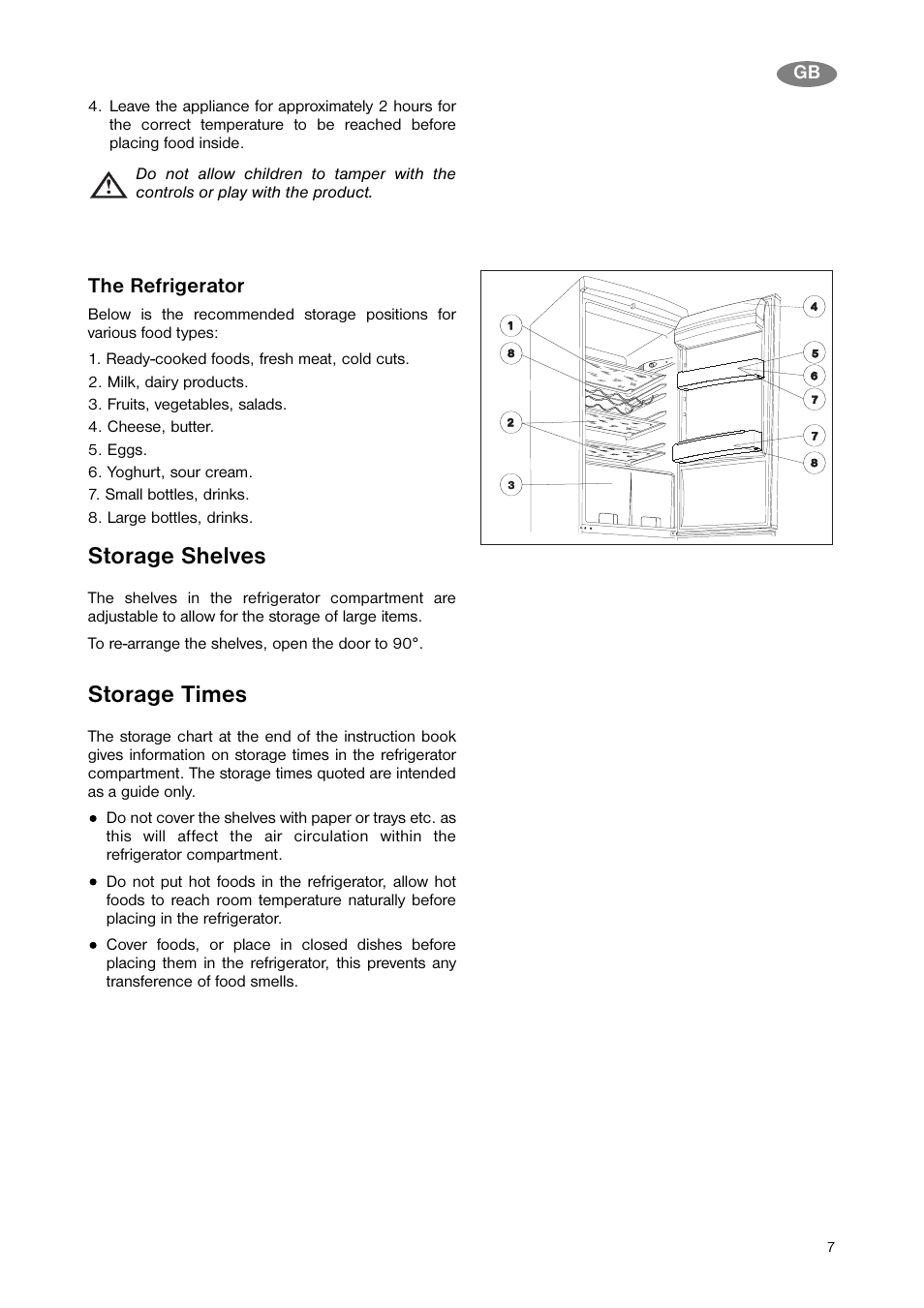 Storage shelves, Storage times | Zanussi ZNB 343 W User Manual | Page 7 / 20