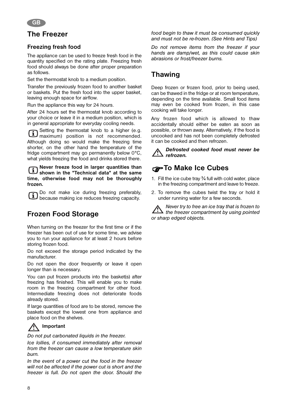The freezer, Frozen food storage, Thawing | Zanussi ZNB 343 W User Manual | Page 8 / 20