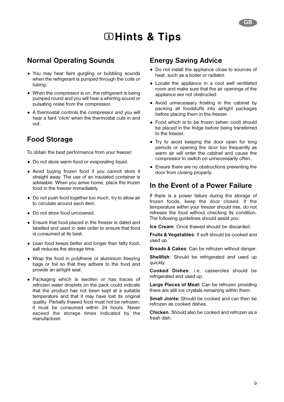 Hints & t, Hints & t ips ips, Normal operating sounds | Food storage, Energy saving advice | Zanussi ZNB 343 W User Manual | Page 9 / 20
