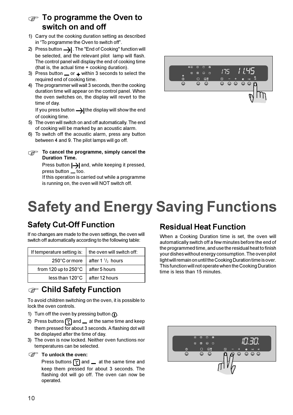 Safety and energy saving functions, Safety cut-off function, Child safety function | Residual heat function | Zanussi ZBS 963 User Manual | Page 10 / 24