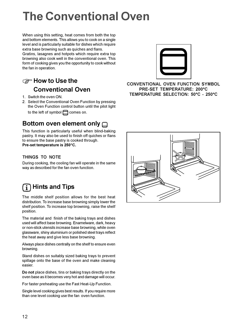 The conventional oven, How to use the conventional oven, Bottom oven element only | Hints and tips | Zanussi ZBS 963 User Manual | Page 12 / 24