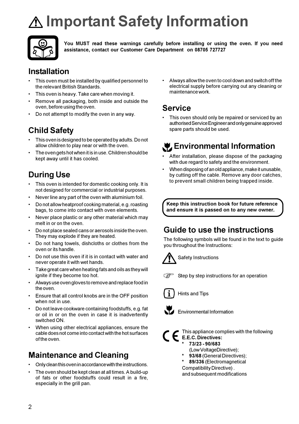 Important safety information, Guide to use the instructions, Installation | Child safety, During use, Maintenance and cleaning, Service, Environmental information | Zanussi ZBS 963 User Manual | Page 2 / 24