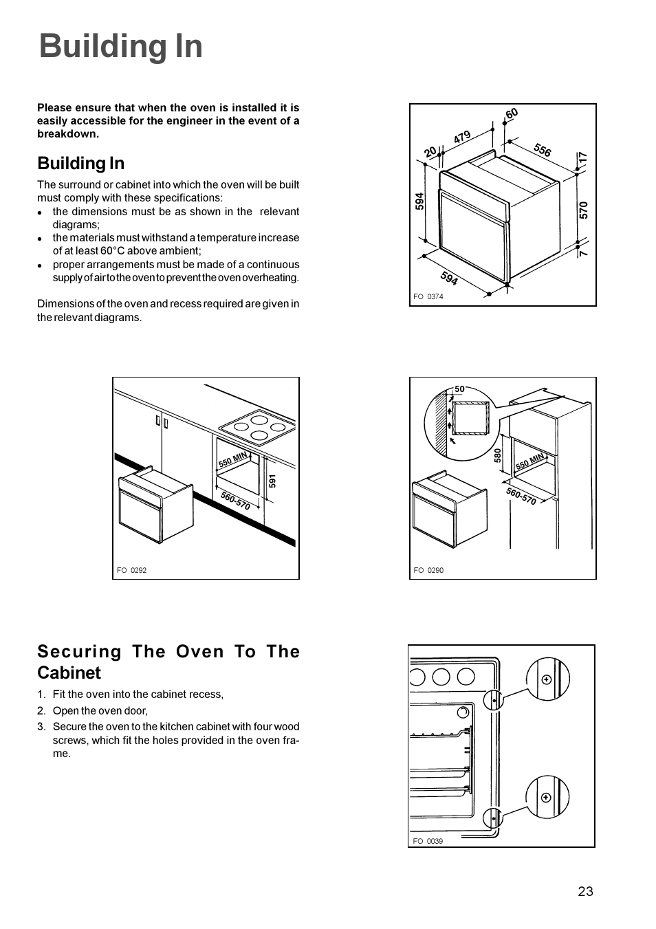 Building in, Securing the oven to the cabinet | Zanussi ZBS 963 User Manual | Page 23 / 24