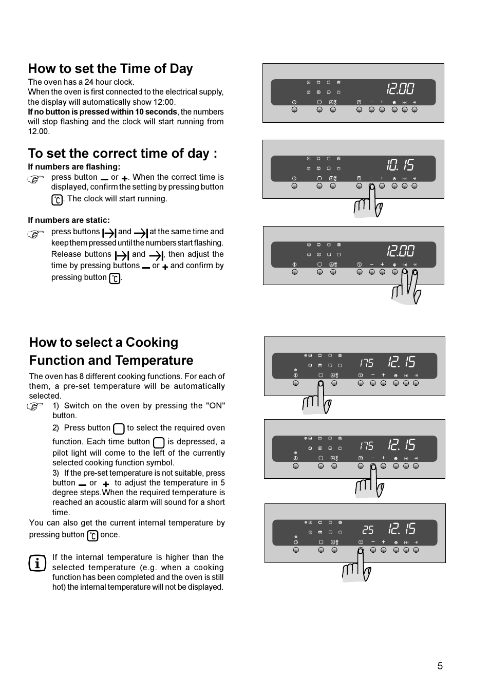 How to select a cooking function and temperature, How to set the time of day | Zanussi ZBS 963 User Manual | Page 5 / 24