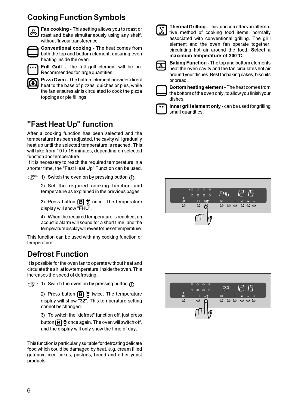 Cooking function symbols, Fast heat up" function, Defrost function | Zanussi ZBS 963 User Manual | Page 6 / 24