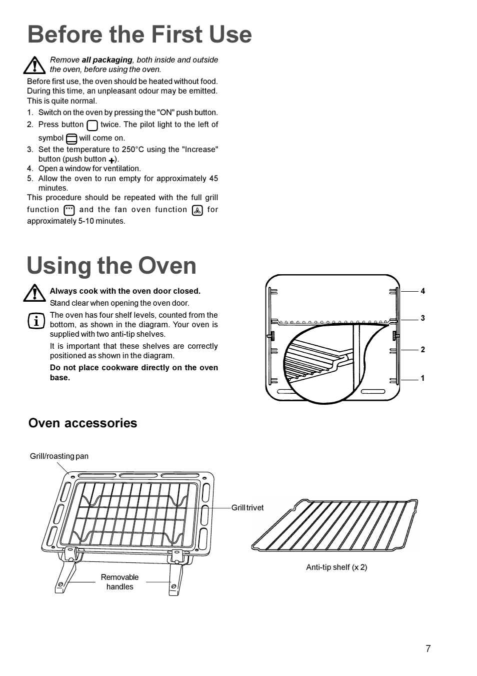 Before the first use, Using the oven, Oven accessories | Zanussi ZBS 963 User Manual | Page 7 / 24