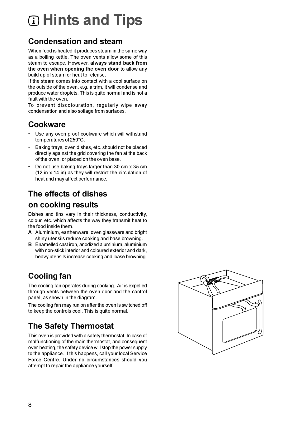 Hints and tips, Condensation and steam, Cookware | The effects of dishes on cooking results, Cooling fan, The safety thermostat | Zanussi ZBS 963 User Manual | Page 8 / 24