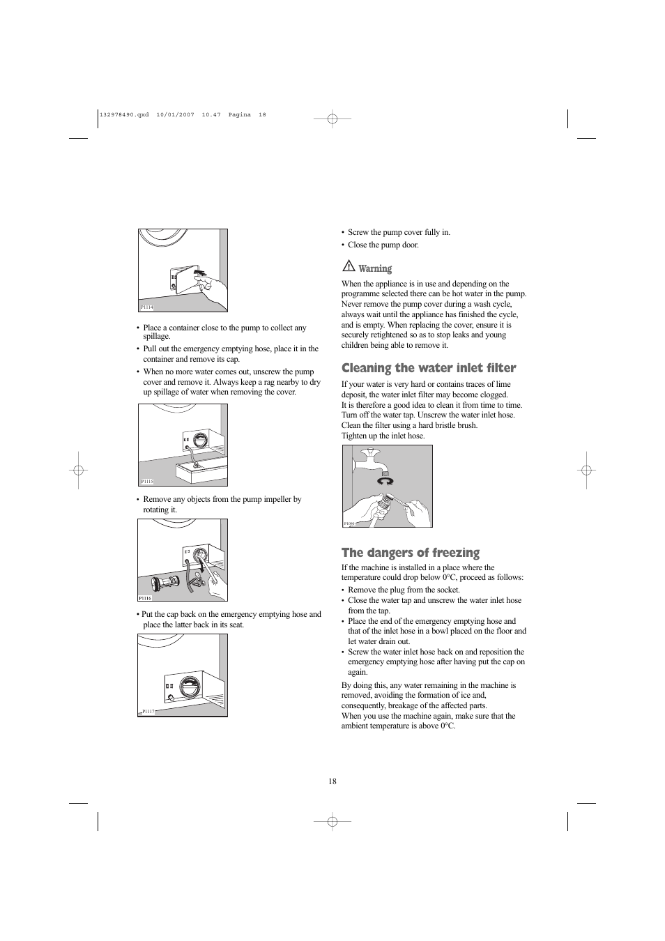 Cleaning the water inlet filter, The dangers of freezing | Zanussi ZWF 1427 W User Manual | Page 18 / 28