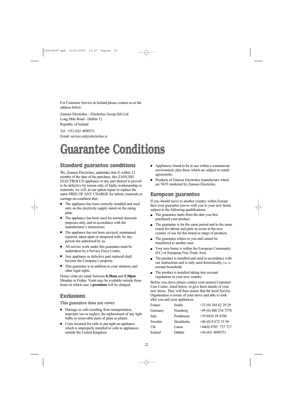 Guarantee conditions, Standard guarantee conditions, Exclusions | European guarantee | Zanussi ZWF 1427 W User Manual | Page 22 / 28