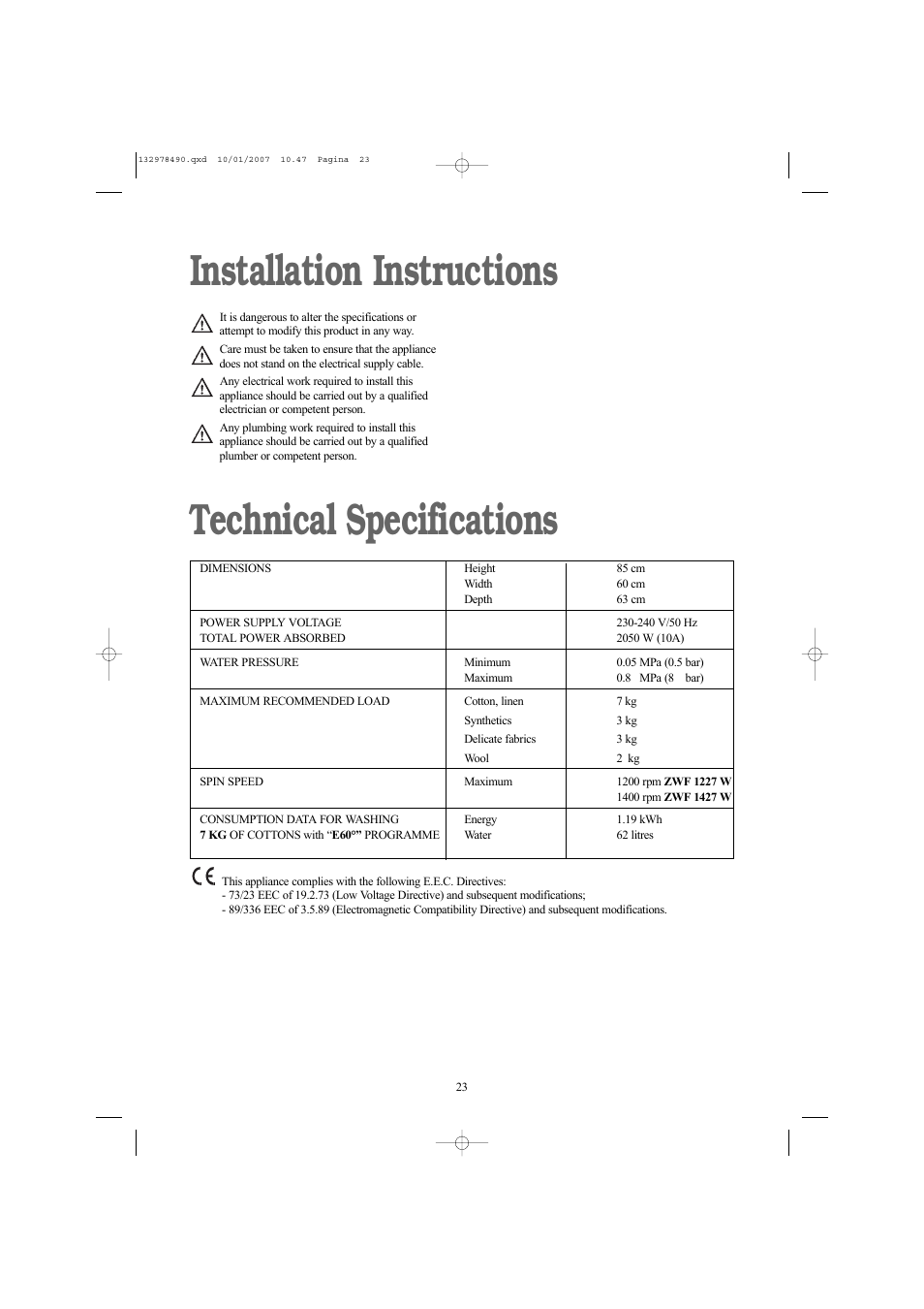 Installation instructions technical specifications | Zanussi ZWF 1427 W User Manual | Page 23 / 28