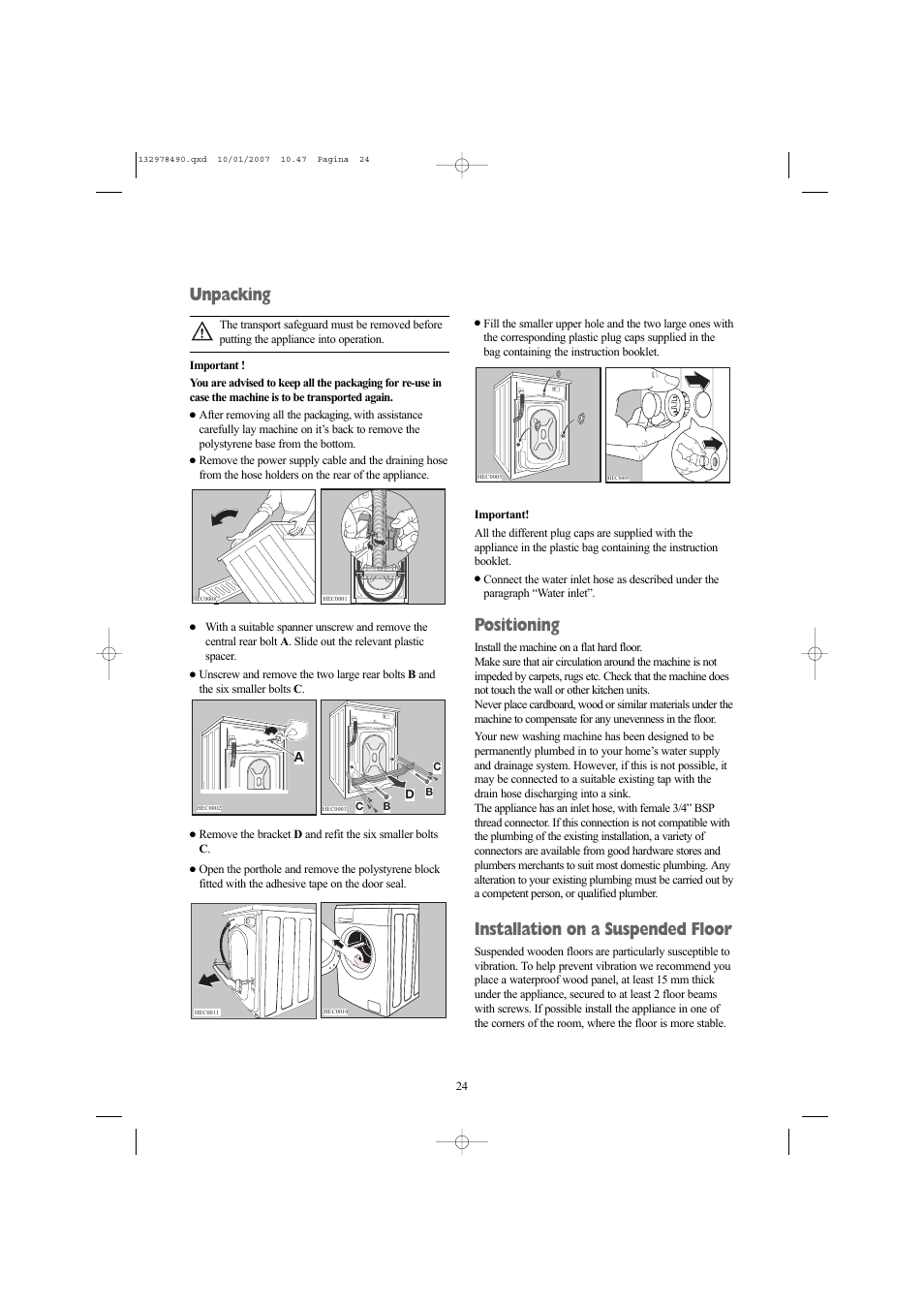 Unpacking, Positioning, Installation on a suspended floor | Zanussi ZWF 1427 W User Manual | Page 24 / 28