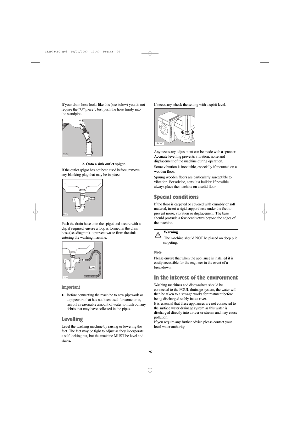 Levelling, Special conditions | Zanussi ZWF 1427 W User Manual | Page 26 / 28