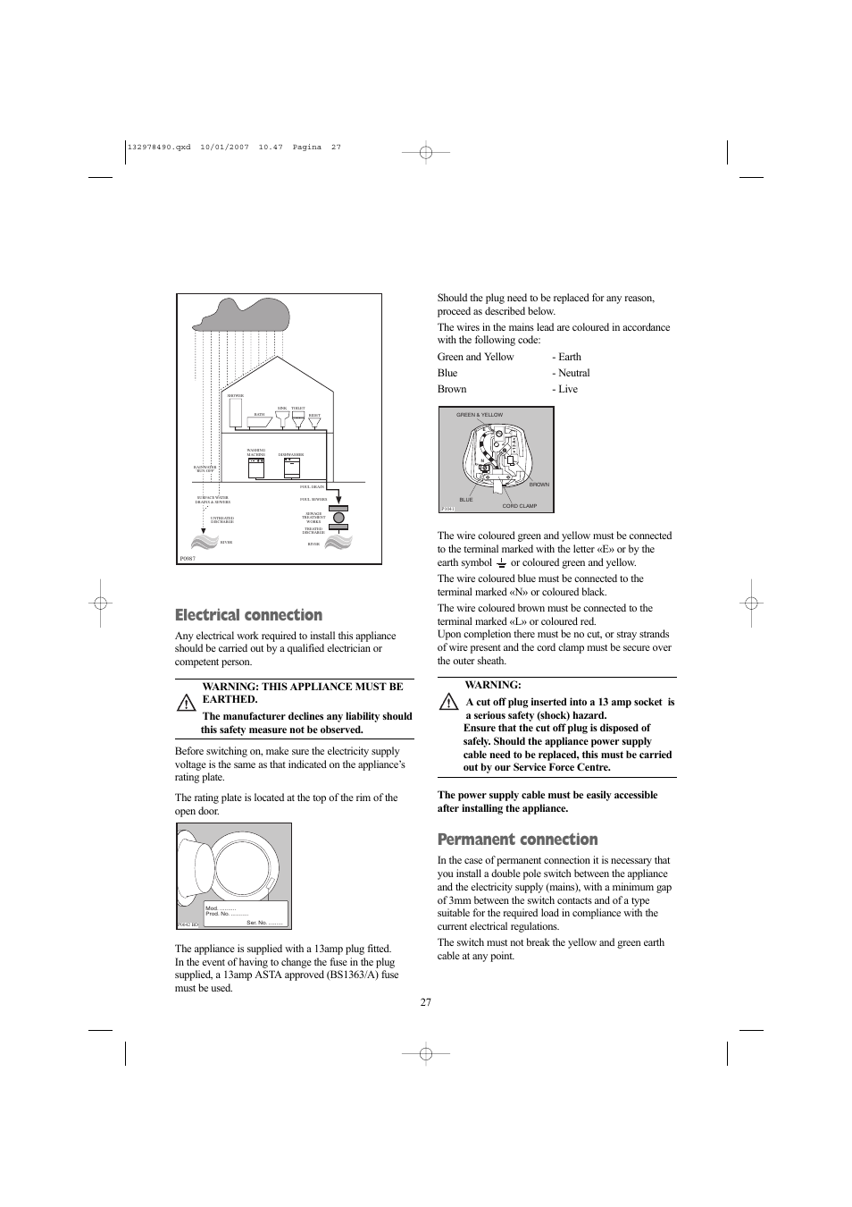 Permanent connection, Electrical connection, Mod . .......... pro d. no . ........... ser . n o | Zanussi ZWF 1427 W User Manual | Page 27 / 28