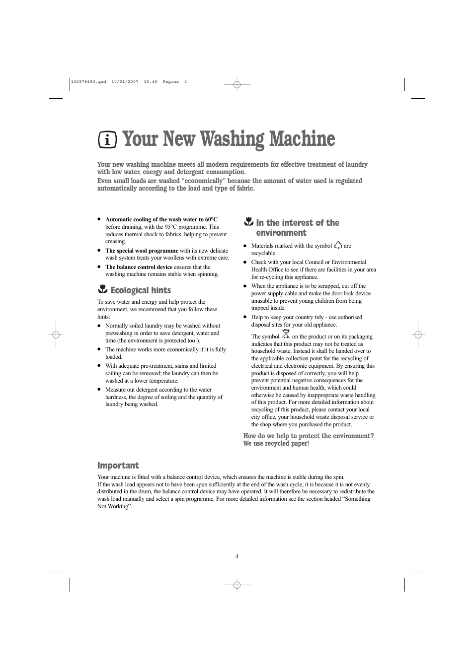 Your new washing machine, Ecological hints, Important | Zanussi ZWF 1427 W User Manual | Page 4 / 28