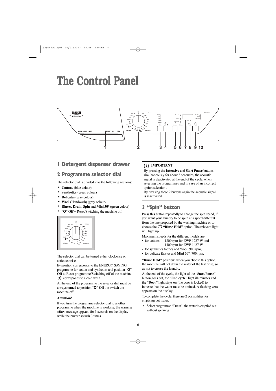 The control panel, 3 “spin” button, Cottons (blue colour | Synthetics (green colour, Delicates (gray colour, Wool (handwash) (gray colour, Rinses , drain , spin and mini 30° (green colour, For synthetics fabrics and wool: 900 rpm; for | Zanussi ZWF 1427 W User Manual | Page 6 / 28