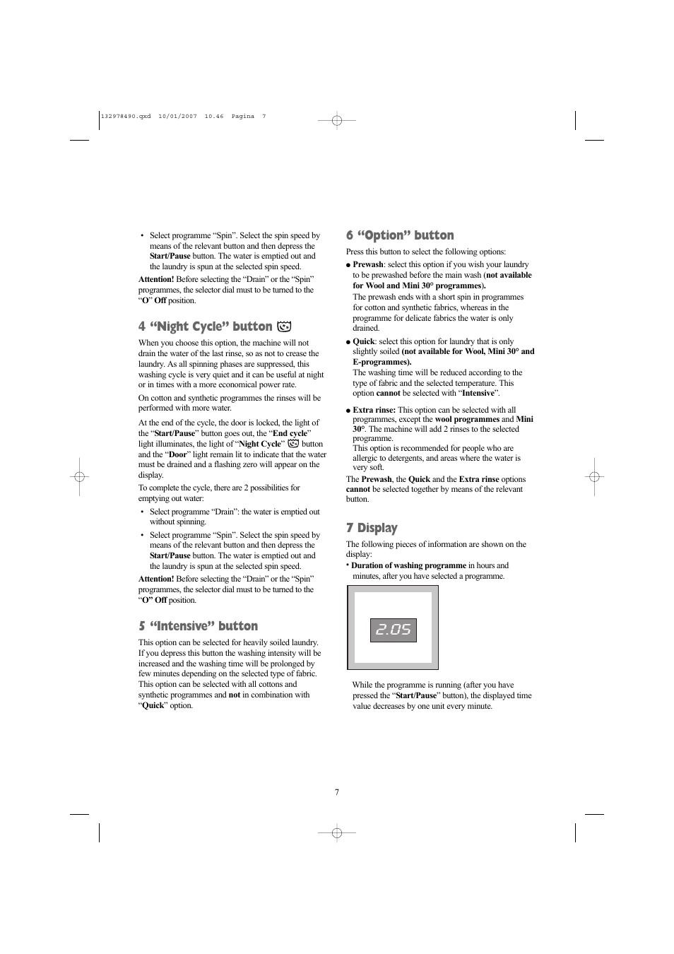 4 “night cycle” button, 5 “intensive” button, 6 “option” button | 7 display | Zanussi ZWF 1427 W User Manual | Page 7 / 28