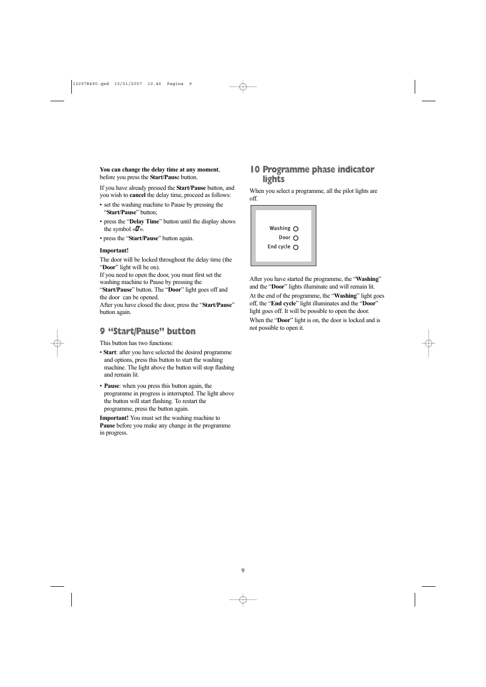9 “start/pause” button, 10 programme phase indicator lights | Zanussi ZWF 1427 W User Manual | Page 9 / 28