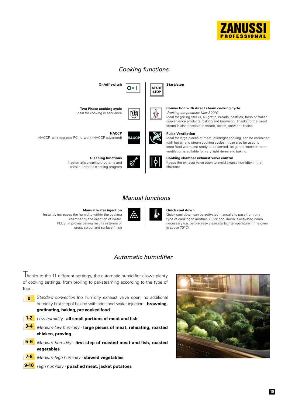 Automatic humidifier, Cooking functions manual functions | Zanussi Convection Oven User Manual | Page 19 / 40