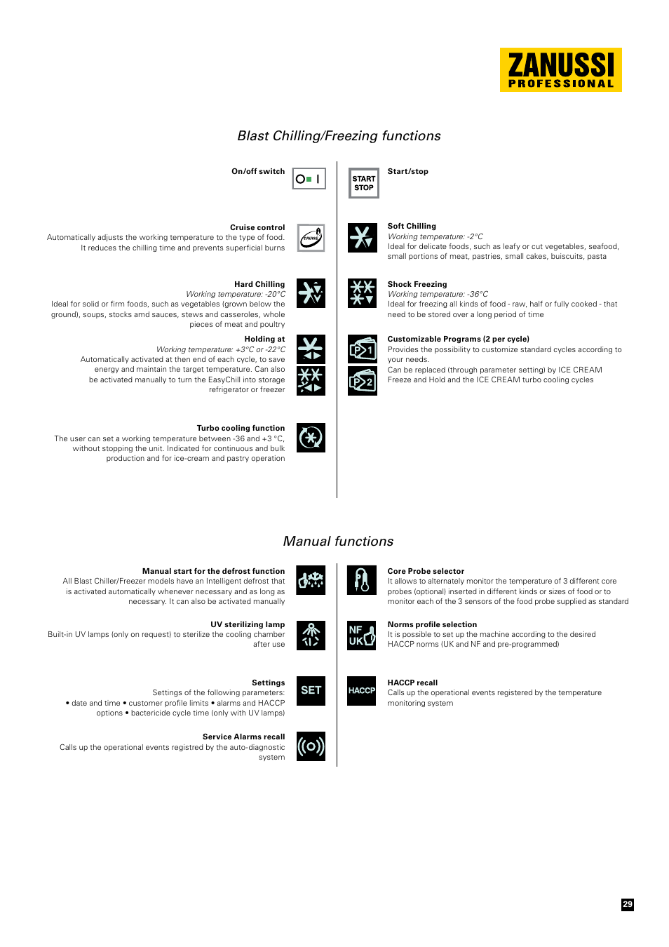 Blast chilling/freezing functions manual functions | Zanussi Convection Oven User Manual | Page 29 / 40