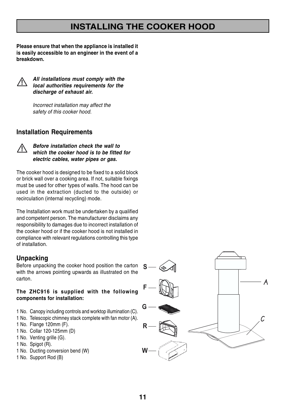 Installing the cooker hood | Zanussi ZHC 916X User Manual | Page 11 / 20
