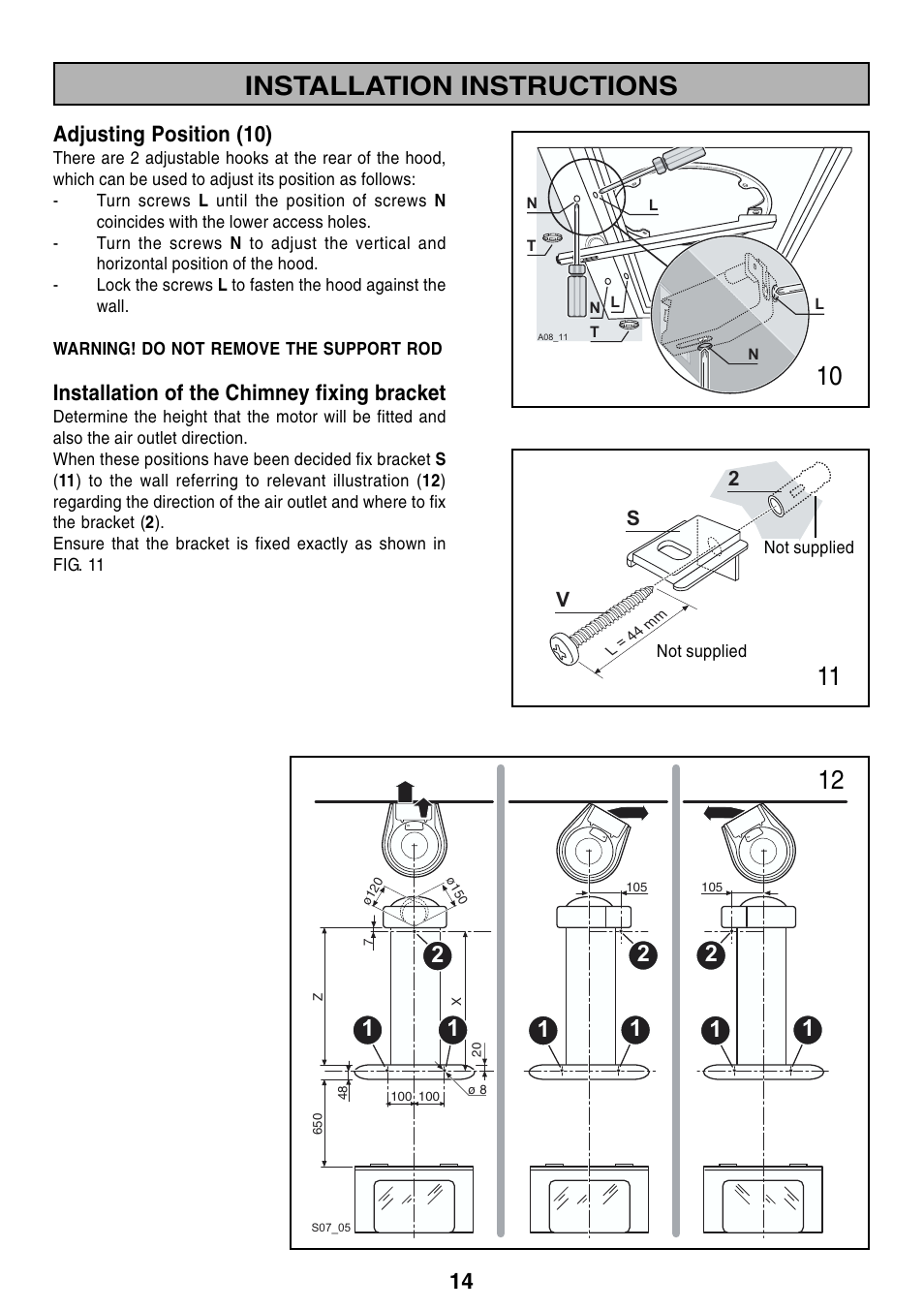 Installation instructions, 14 adjusting position (10), Installation of the chimney fixing bracket | Zanussi ZHC 916X User Manual | Page 14 / 20