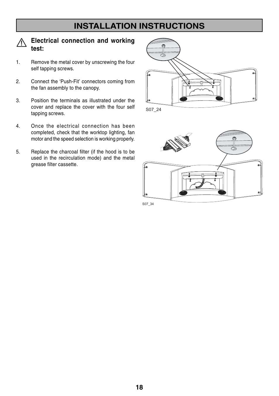 Installation instructions, 18 electrical connection and working test | Zanussi ZHC 916X User Manual | Page 18 / 20
